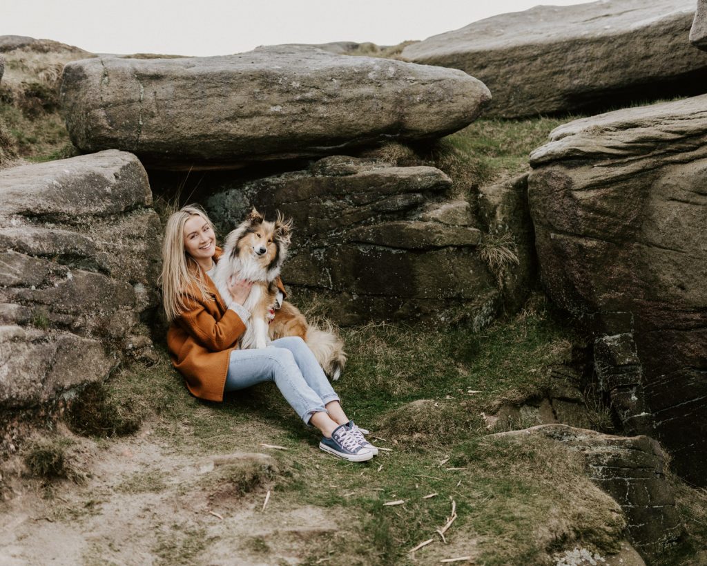 Wedding photographer headshot with rough collie dog in the peak district